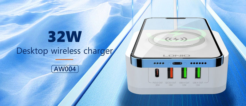 LDNIO CHARGER 4 PORT (3A1C) 30W 5V 3A WIRELESS 18W 5V 3A AW004 BREZŽIČNI POLNILEC 6933138600306