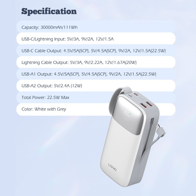 LDNIO POWER BANK 30000mAh 22,5W 5V 3A 2 PORT (2A) + 2 CABLE (1C1L) PQ30 6933138601600