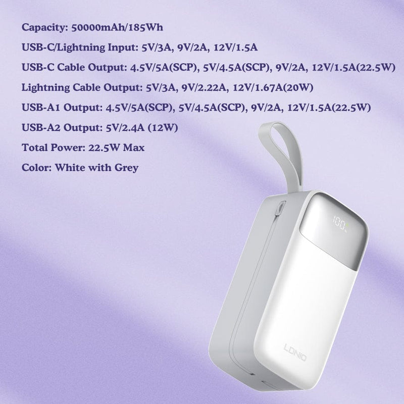 LDNIO POWER BANK 50000mAh 22,5W 5V 3A 2 PORT (2A) + 2 CABLE (1C1L) PQ50 6933138601617